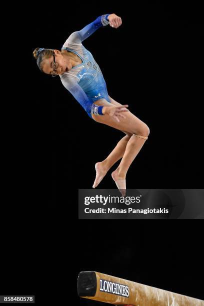 Morgan Hurd of The United States of America competes on the balance beam during the women's individual all-around final of the Artistic Gymnastics...