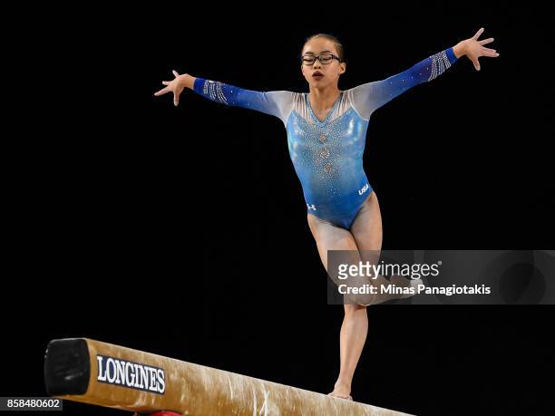 Morgan Hurd of The United States of America competes on the balance beam during the women's individual all-around final of the Artistic Gymnastics...