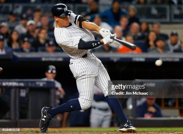 Aaron Judge of the New York Yankees in action against the Minnesota Twins in the American League Wild Card Game at Yankee Stadium on October 3, 2017...