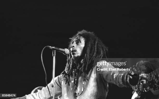 Photo of Bob MARLEY; Bob Marley performing live on stage at the One Love Peace concert at the National Stadium, Kingston