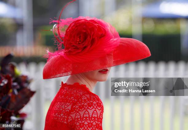 Sarah Jehan, hat detail, wearing Embellish Atelier at Moet & Chandon Spring Champion Stakes Day at Royal Randwick Racecourse on October 7, 2017 in...
