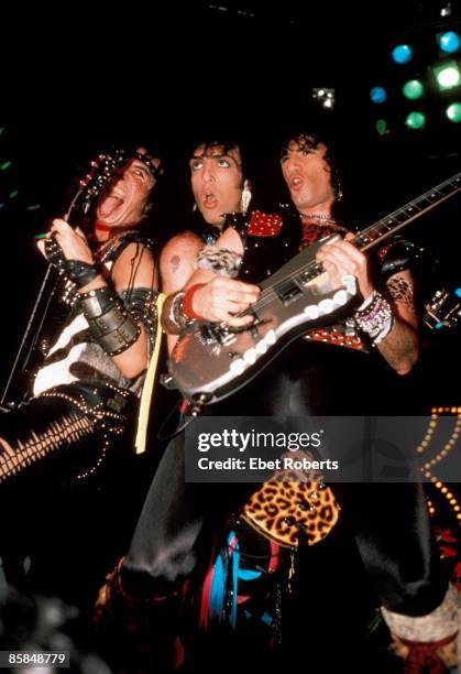 Photo of Gene SIMMONS and Paul STANLEY and KISS and Bruce KULICK, L-R: Gene Simmons, Paul Stanley, Bruce Kulick performing live onstage, without make...