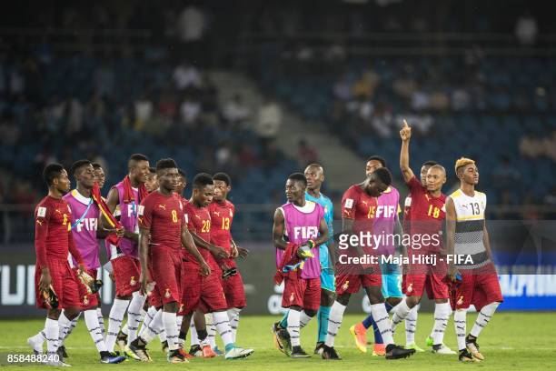 Team of Ghana celebrates after winning the FIFA U-17 World Cup India 2017 group A match between Colombia and Ghana at Jawaharlal Nehru Stadium on...