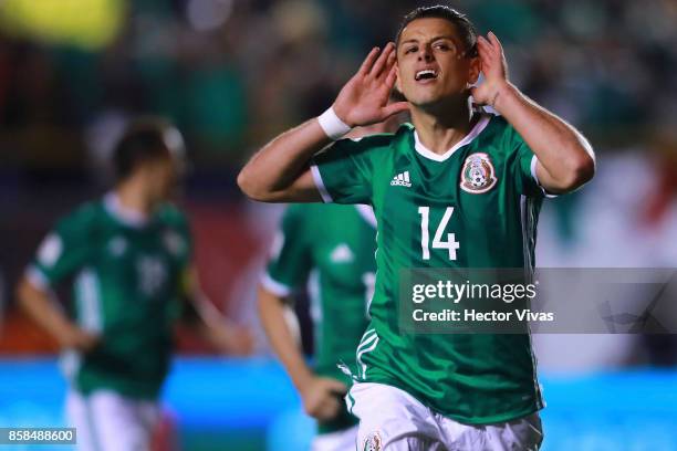 Javier Hernandez of Mexico celebrates after scoring the second goal of his team during the match between Mexico and Trinidad & Tobago as part of the...