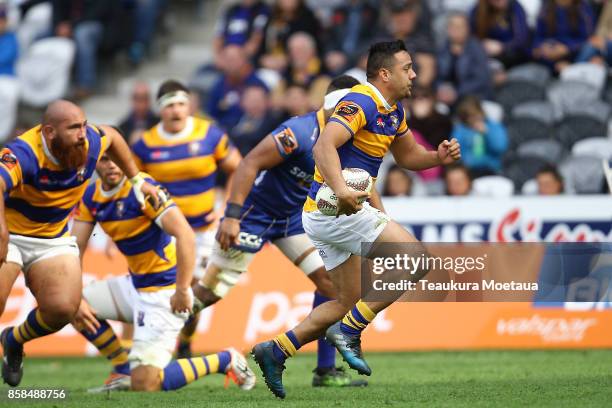 Chase Tiatia of Bay of Plenty makes a break during the round eight Mitre 10 cup match between Otago and Bay of Plenty at Forsyth Barr Stadium on...