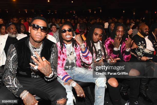 Moneybagg Yo, Quavo, Takeoff and Offset of Migos attend the BET Hip Hop Awards 2017 at The Fillmore Miami Beach at the Jackie Gleason Theater on...