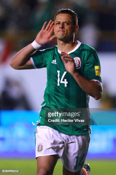 Javier Hernandez of Mexico celebrates after scoring the second goal of his team during the match between Mexico and Trinidad & Tobago as part of the...