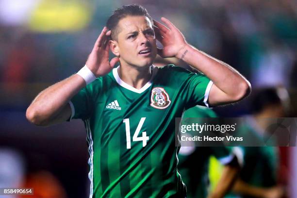 Javier Hernandez of Mexico celebrates after scoring the second goal of his team during the match between Mexico and Trinidad & Tobago as part of the...