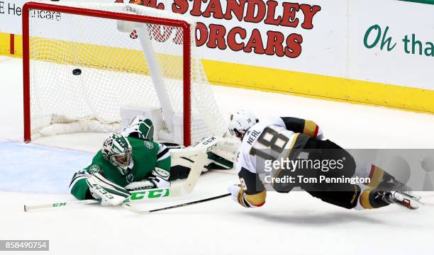James Neal of the Vegas Golden Knights scores a goal against Kari Lehtonen of the Dallas Stars in the third period at American Airlines Center on...