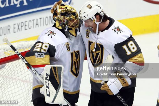 James Neal of the Vegas Golden Knights celebrates with Marc-Andre Fleury of the Vegas Golden Knights after the Vegas Golden Knights beat the Dallas...