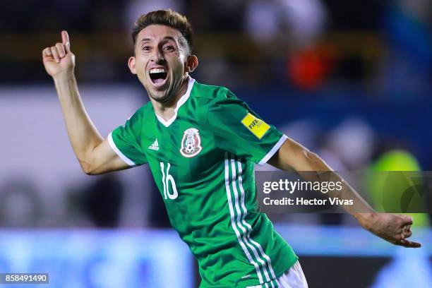 Hector Herrera of Mexico celebrates after scoring the third goal of his team during the match between Mexico and Trinidad & Tobago as part of the...