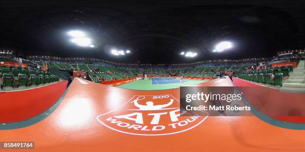 General view as Marin Cilic of Coratia warms up prior to his semi final match against Adrian Mannarino of France on day six of the Rakuten Open at...