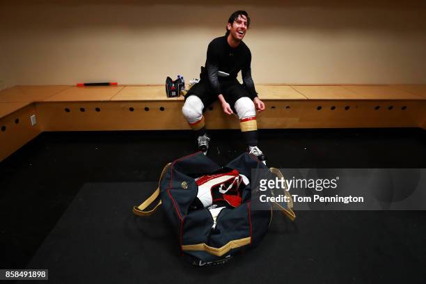 James Neal of the Vegas Golden Knights sits in the locker room after scoring two goals to beat the Dallas Stars 2-1 at American Airlines Center on...
