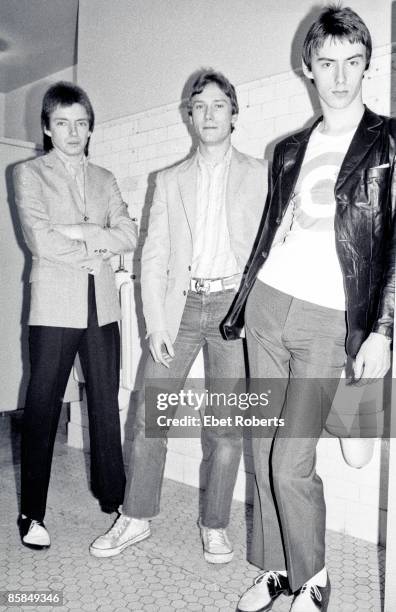Bruce Foxton, Rick Buckler, Paul Weller posed, group shot, New York, March 1978.