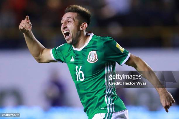 Hector Herrera of Mexico celebrates after scoring the third goal of his team during the match between Mexico and Trinidad & Tobago as part of the...
