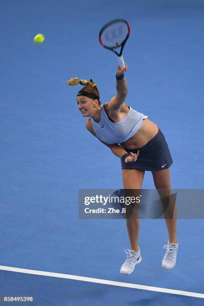 Petra Kvitova of the Czech Republic serves against during the Women's singles Quarterfinals match against Barbora Strycova of the Czech Republic on...