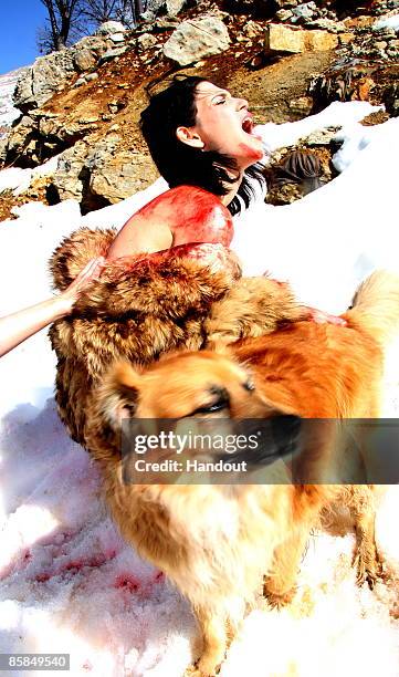 In this handout photo provided by the International Anti-Fur Coalition, Israeli actress Shira Vilensky poses as she plays the role of an animal...