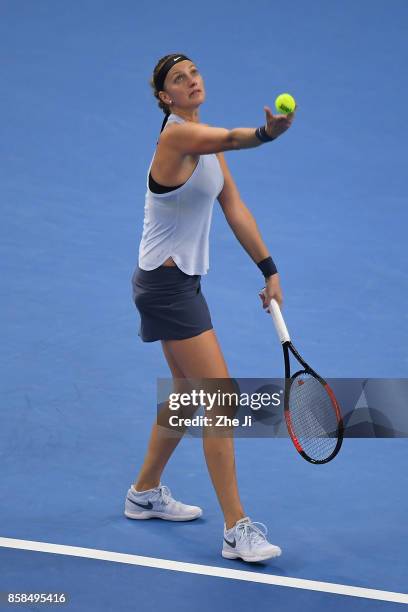 Petra Kvitova of the Czech Republic serves against during the Women's singles Quarterfinals match against Barbora Strycova of the Czech Republic on...