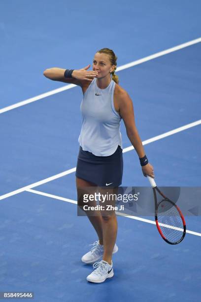 Petra Kvitova of the Czech Republic celebrates after winning the Women's singles Quarterfinals match against Barbora Strycova of the Czech Republic...