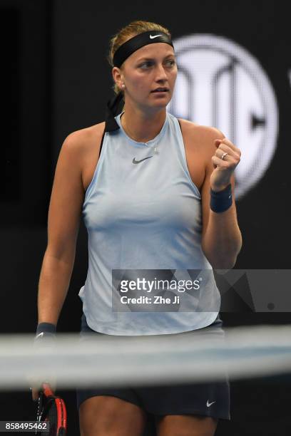 Petra Kvitova of the Czech Republic celebrates a point during the Women's singles Quarterfinals match against Barbora Strycova of the Czech Republic...