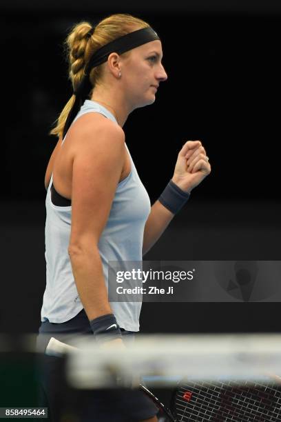 Petra Kvitova of the Czech Republic celebrates a point during the Women's singles Quarterfinals match against Barbora Strycova of the Czech Republic...