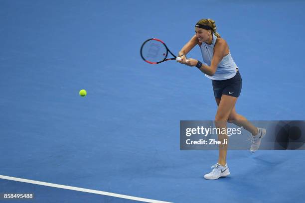 Petra Kvitova of the Czech Republic returns a shot during the Women's singles Quarterfinals match against Barbora Strycova of the Czech Republic on...
