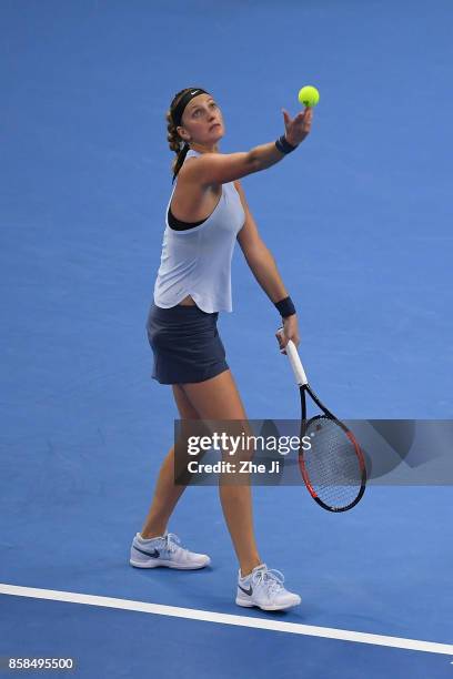 Petra Kvitova of the Czech Republic serves against during the Women's singles Quarterfinals match against Barbora Strycova of the Czech Republic on...