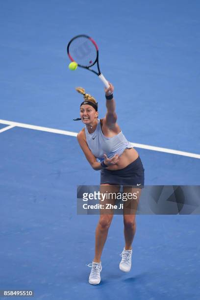 Petra Kvitova of the Czech Republic serves against during the Women's singles Quarterfinals match against Barbora Strycova of the Czech Republic on...