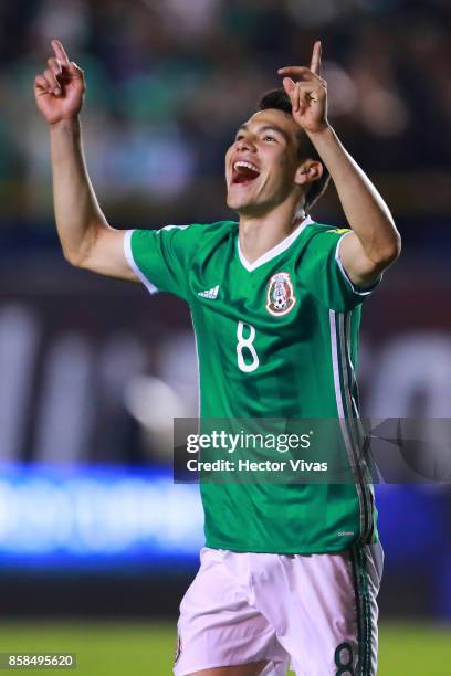 Hirving Lozano of Mexico celebrates after scoring the first goal of his team during the match between Mexico and Trinidad & Tobago as part of the...