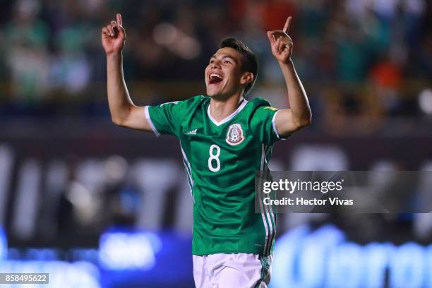 Hirving Lozano of Mexico celebrates after scoring the first goal of his team during the match between Mexico and Trinidad & Tobago as part of the...