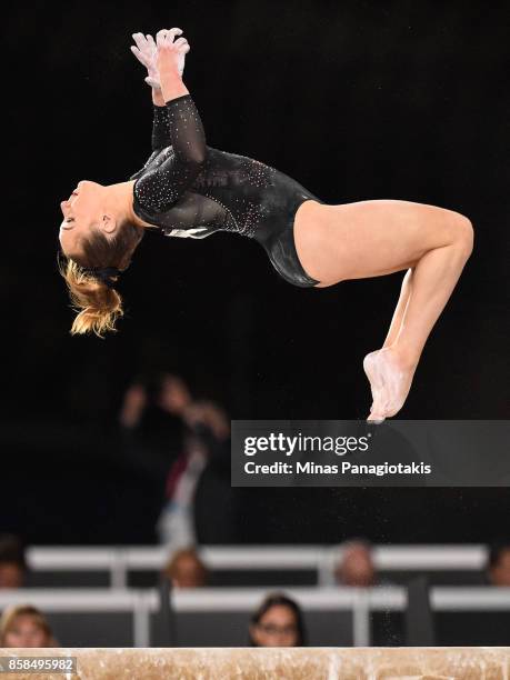 Amy Tinkler of Great Britain competes on the balance beam during the women's individual all-around final of the Artistic Gymnastics World...