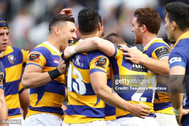 Bay of Plenty celebrates a try during the round eight Mitre 10 cup match between Otago and Bay of Plenty at Forsyth Barr Stadium on October 7, 2017...