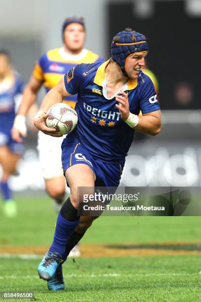 Teihorangi Walden of Otago makes a break during the round eight Mitre 10 cup match between Otago and Bay of Plenty at Forsyth Barr Stadium on October...