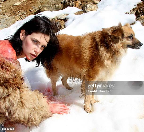 In this handout photo provided by the International Anti-Fur Coalition, Israeli actress Shira Vilensky poses as she plays the role of an animal...