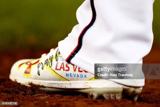 Detail shot of the cleats worn by Bryce Harper of the Washington Nationals during Game 1 of the National League Division Series against the Chicago...