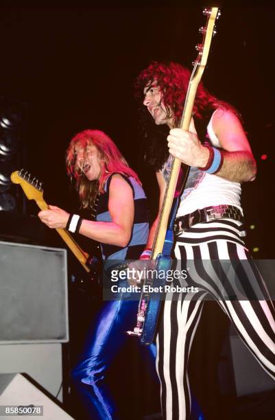 Photo of IRON MAIDEN and Dave MURRAY and Steve HARRIS, Dave Murray and Steve Harris performing live onstage, wearing spandex