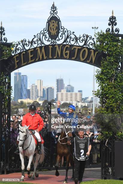 Hugh Bowman riding Winx after winning Race 5, Turnbull Stakes during Turnbull Stakes day at Flemington Racecourse on October 7, 2017 in Melbourne,...