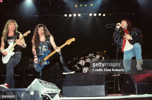 Photo of IRON MAIDEN and Bruce DICKINSON and Dave MURRAY and Steve HARRIS, L-R: Dave Murray, Steve Harris, Bruce Dickinson performing live onstage,...