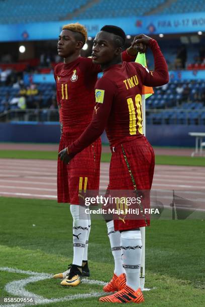 Aminu Mohammed of Ghana and Emmanuel Toku celebrate after 0-1 during the FIFA U-17 World Cup India 2017 group A match between Colombia and Ghana at...