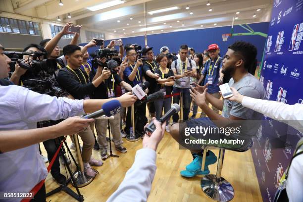 Karl-Anthony Towns of the Minnesota Timberwolves speaks to the media during media availability as part of the 2017 Global Games - China on October 6,...