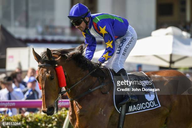 /h5/ ridden by /j5/ before the /r5/ at Caulfield Racecourse on October 07, 2017 in Caulfield, Australia.