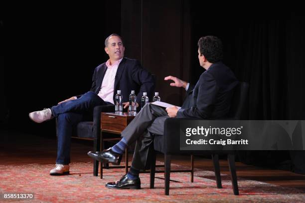 Jerry Seinfeld and David Remnick speak onstage during the 2017 New Yorker Festival at New York Society for Ethical Culture on October 6, 2017 in New...