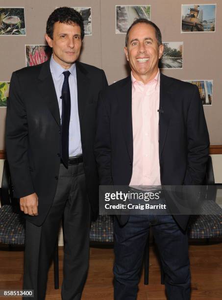 David Remnick and Jerry Seinfeld pose backstage during the 2017 New Yorker Festival at New York Society for Ethical Culture on October 6, 2017 in New...