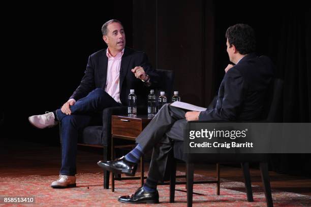 Jerry Seinfeld and David Remnick speak onstage during the 2017 New Yorker Festival at New York Society for Ethical Culture on October 6, 2017 in New...