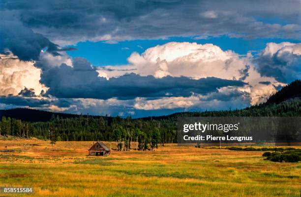 dramatic sky after un thunderstorm above a field and an old barn, along cariboo hwy, from williams lake to prince george, british columbia, canada - prince george canada stock-fotos und bilder