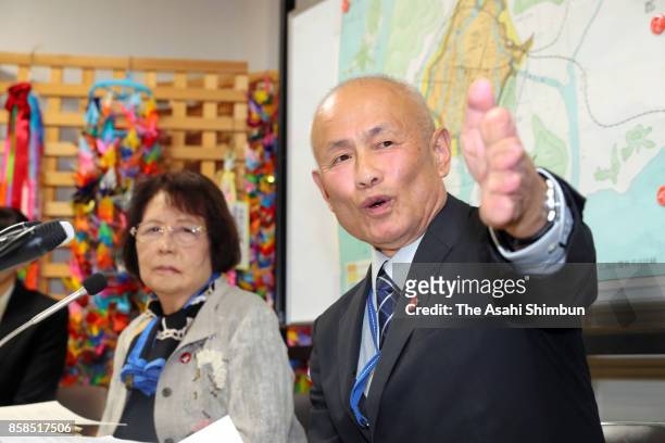 Hiroshima Prefectural Confederation of A-Bomb Sufferers Organizations vice chairman Toshiyuki Mimaki speaks during a press conference after the Nobel...