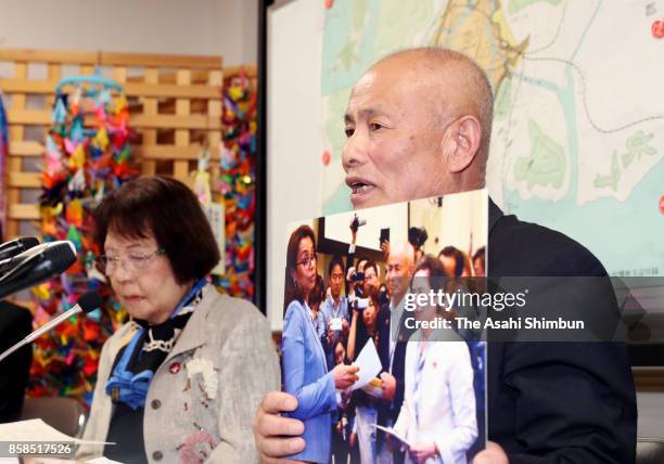 Hiroshima Prefectural Confederation of A-Bomb Sufferers Organizations vice chairman Toshiyuki Mimaki speaks during a press conference after the Nobel...