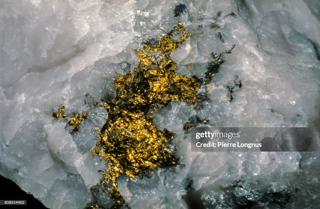 Gold nugget "trapped" in quartz. Gold mining industry, Val d'Or, Quebec, Canada
