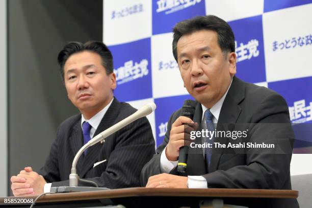 The Constitutional Democratic Party of Japan leader Yukio Edano and secretary general Tetsuro Fukuyama attend a press conference announcing their...