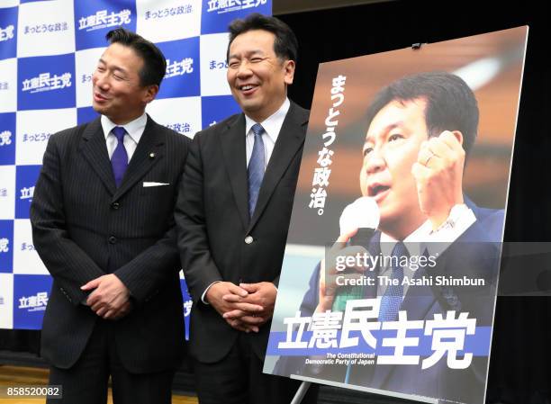 The Constitutional Democratic Party of Japan leader Yukio Edano and secretary general Tetsuro Fukuyama attend a press conference announcing their...